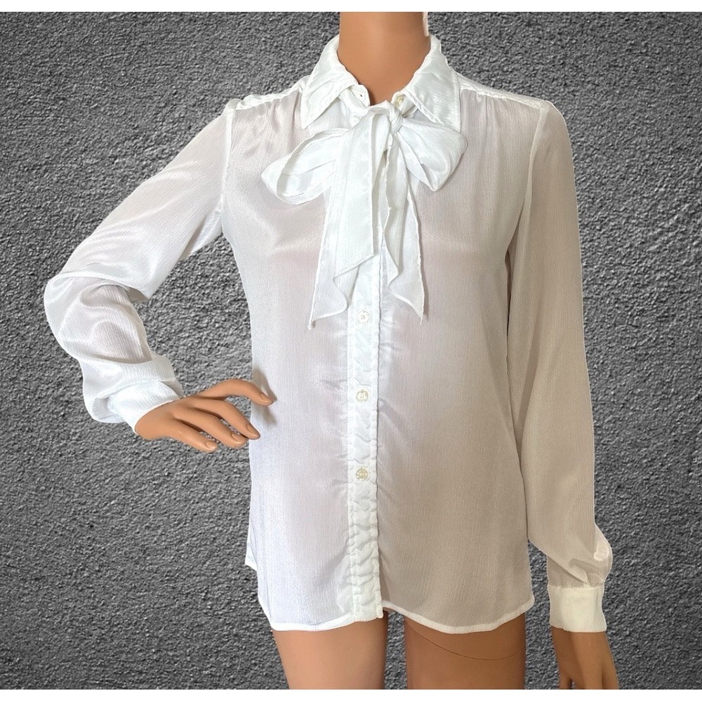 Vintage Oscar de La Renta Blouse Womens S Tie Scarf White Texture Sheer USA Made